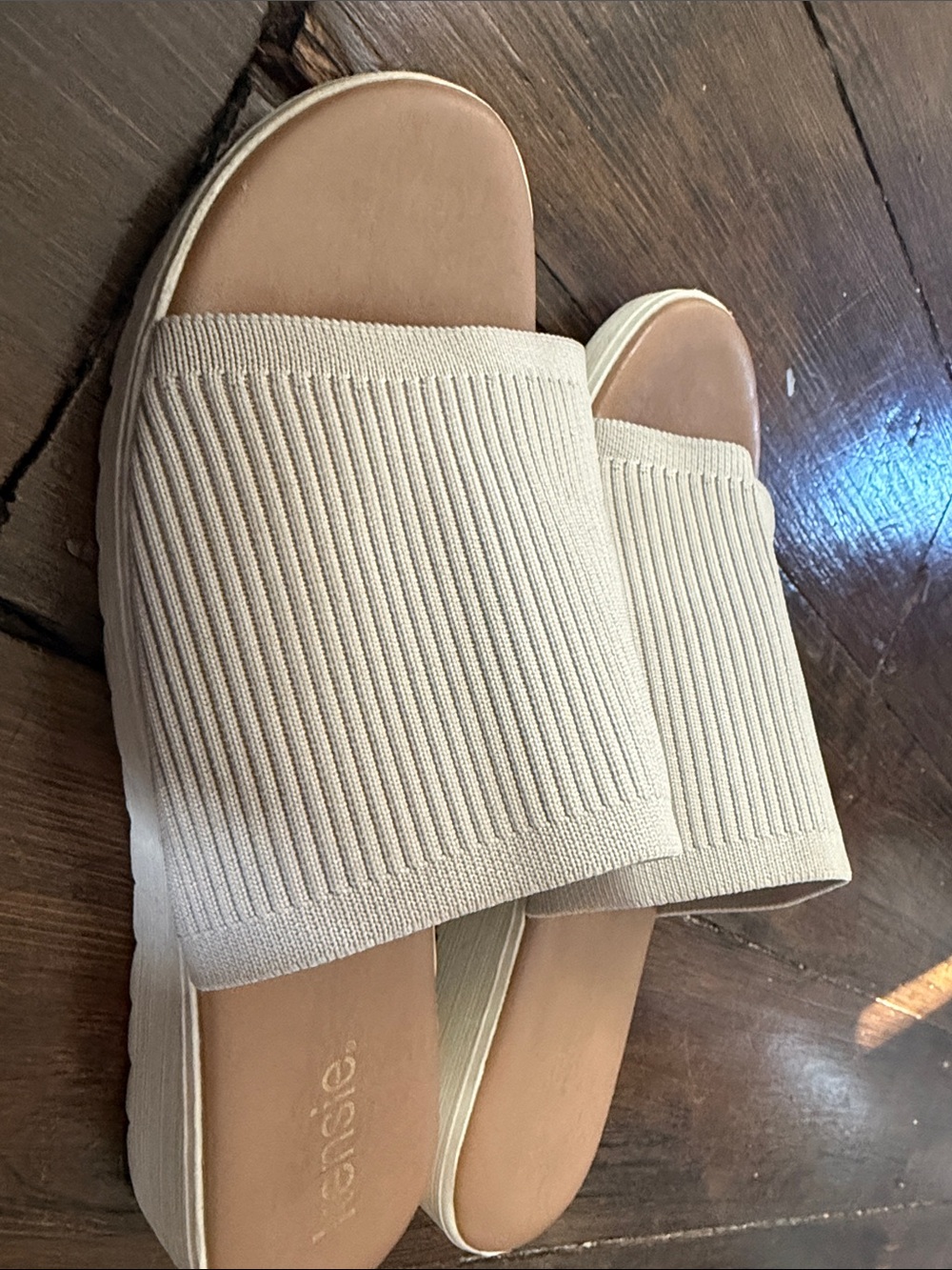 Kensie Girl Cream Ribbed Knit Slide Sandals